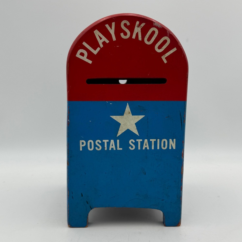 Vintage Playskool Postal Station Wooden Mailbox Shape Sorter Toy Red Blue Star